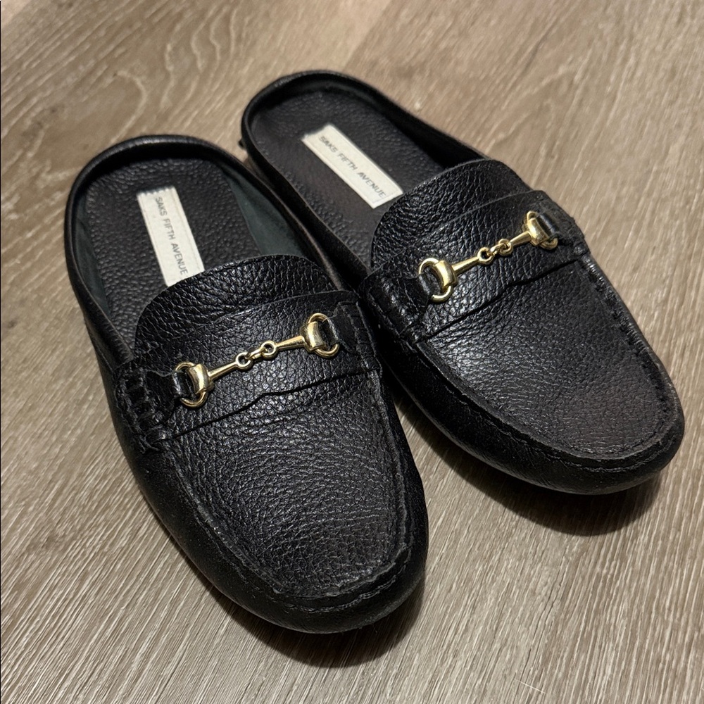 Saks Fifth Avenue Black Leather Slip-On Loafers with Gold Accent